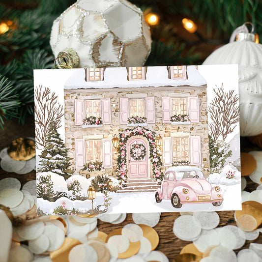 Pink Bug Car Christmas Greeting Card