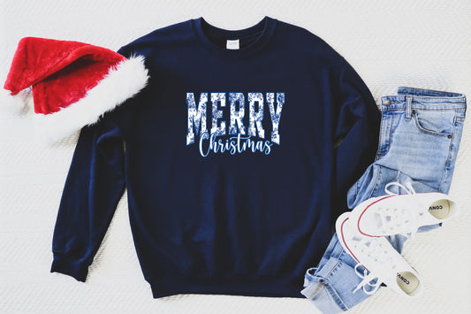 Blue Floral Merry Christmas Navy Sweatshirt