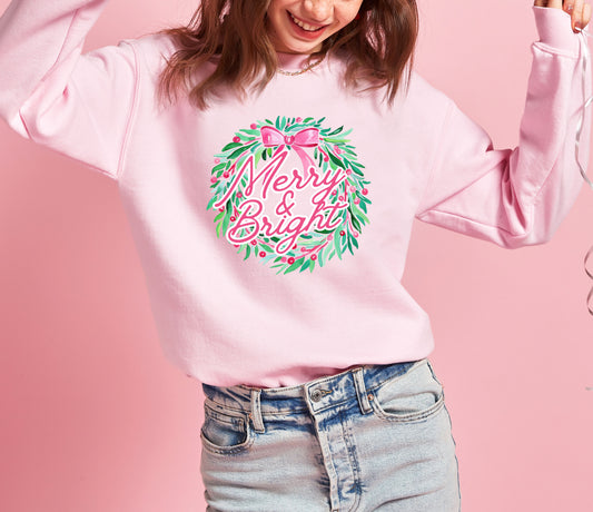 Preppy Merry and Bright Wreath Pink Sweatshirt